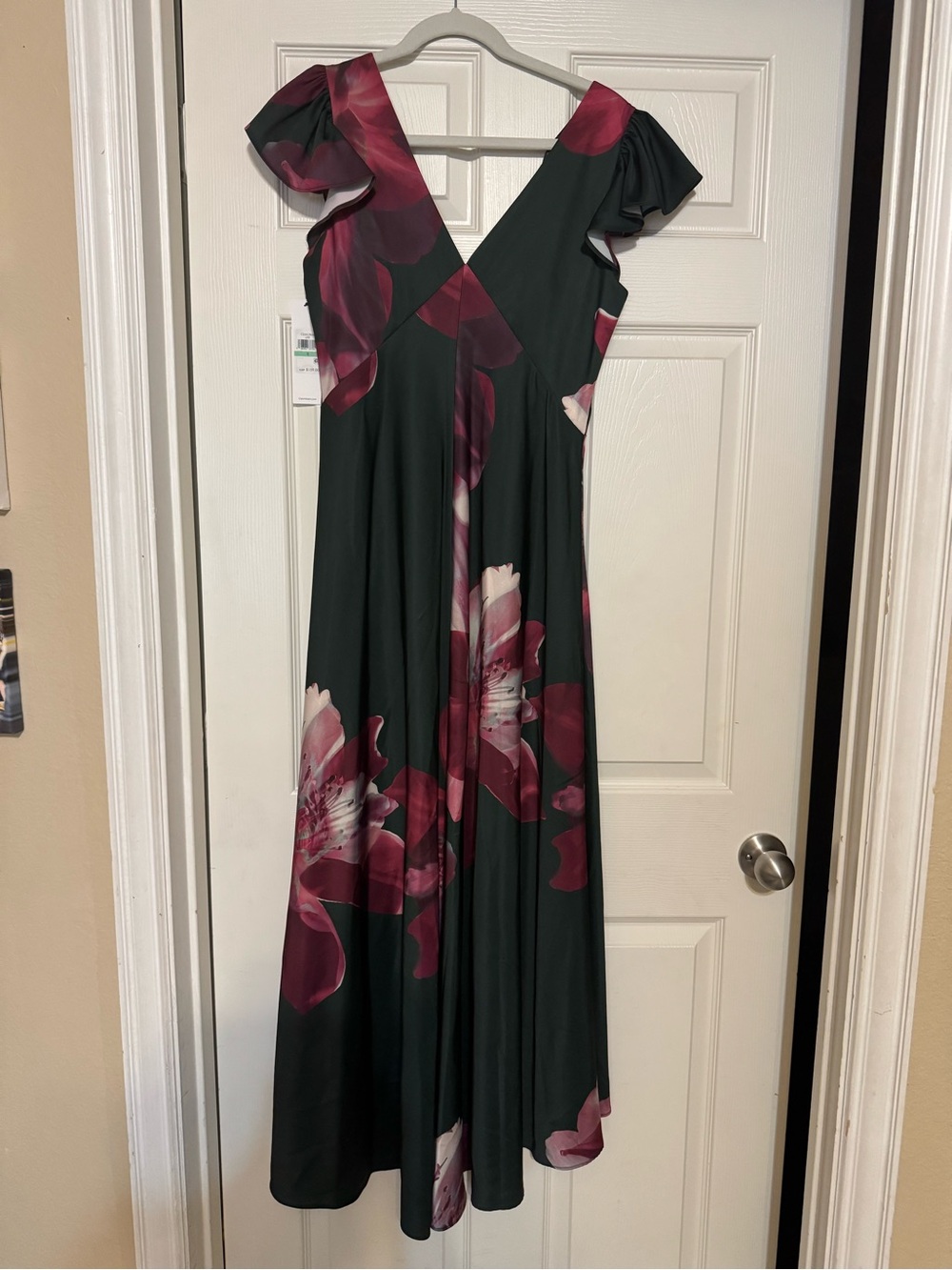 Calvin Klein Dark Green Maxi Dress with Pink Floral Accents